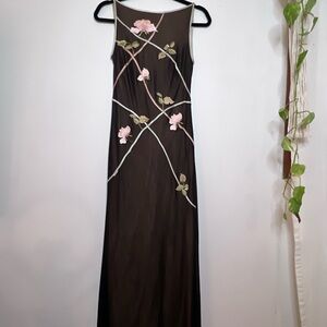 Tadashi Shoji Black Sleeveless Maxi Dress Cowel Back with Pink Floral Embroidery